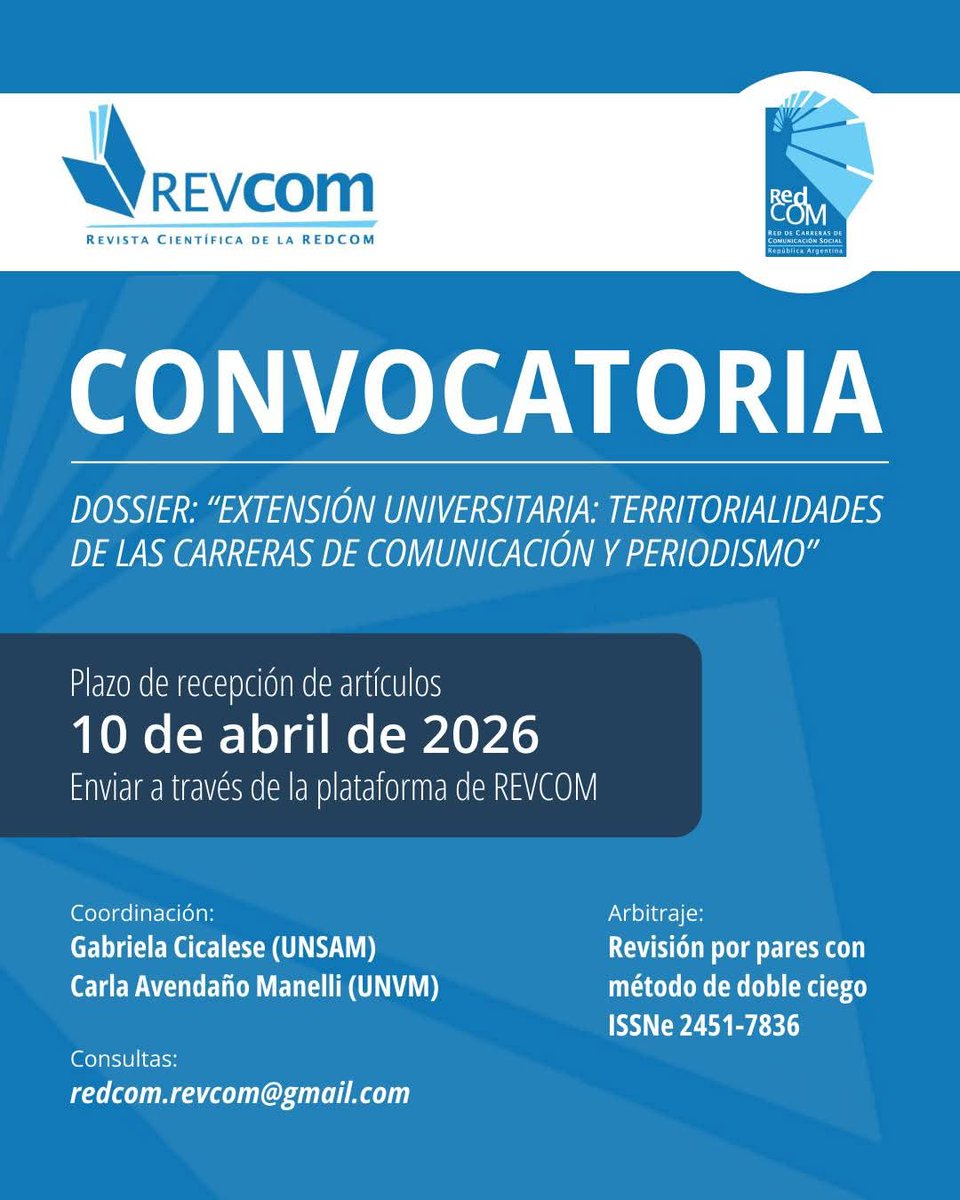 PrensaExtension's tweet photo. Hasta el 10/04 se reciben art��culos científicos para integrar el Dossier sobre “Extensión Universitaria: territorialidades de las carreras de Comunicación y Periodismo” de REVCOM, Revista de la Red de Carreras de Comunicación Social (RedCom).
Consultas: redcom.revcom@gmail.com https://t.co/Z4uVoVhG6H