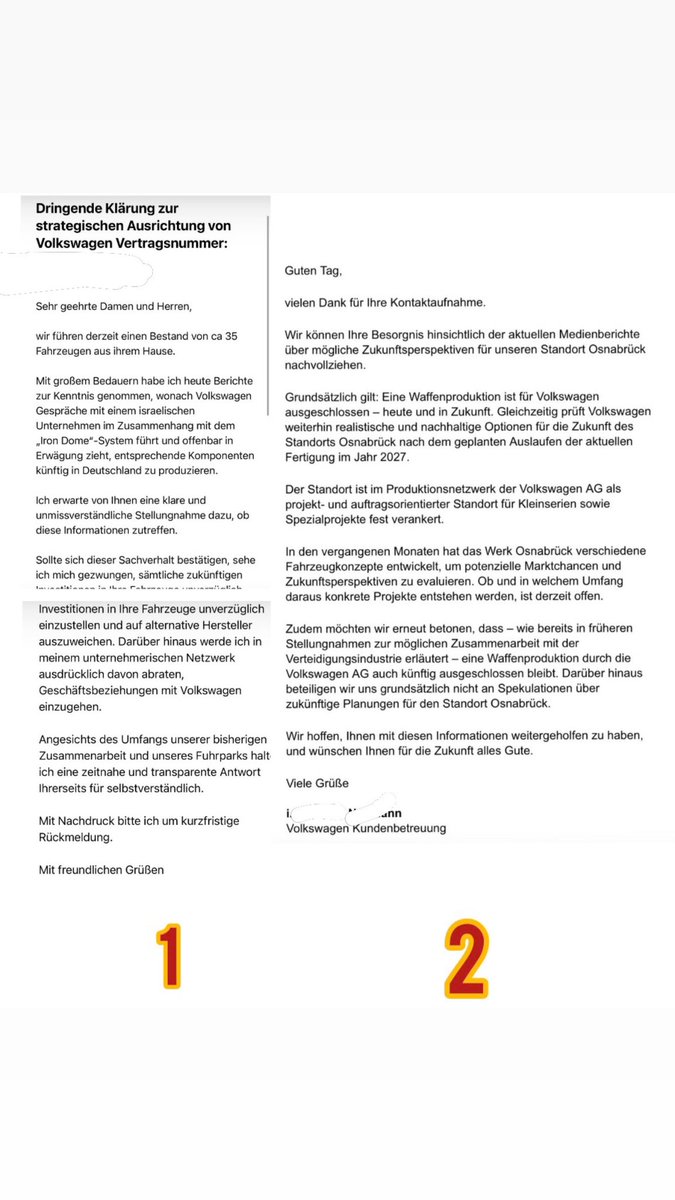 📣 امروز در پی اخبار و حواشیِ فولکس واگن یک ایمیل (نیمه چپ ۱)بهشون زدم و این جواب (نمیه راست۲) رو گرفتم: 

🔉از تماس شما بسیار سپاسگزاریم.

ما نگرانی شما را در مورد گزارش‌های اخیر رسانه‌ای دربارهٔ چشم‌اندازهای آیندهٔ احتمالی برای سایت (کارخانه) ما در اسنابروک درک می‌کنیم.
به طور