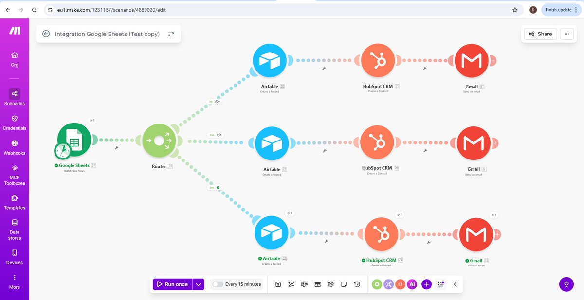 tz_daniels's tweet photo. Finished building a CRM + onboarding system for a coaching business.

Everything runs end-to-end:

– Leads captured via Typeform → Google Sheets (with auto scoring)
– Segmented into Cold / Warm / Hot
– Routed to the right path automatically
– Stored in Airtable and synced with HubSpot
– Emails triggered based on lead quality
Onboarding side:
– Calendly booking triggers intake email
– ClickUp task created automatically
– HubSpot updates to Customer stage
Had to fix real issues along the way — duplicates, scoring logic, and trigger setup.
This project helped me understand how real systems actually work, not just tools.

Open to working on similar setups.