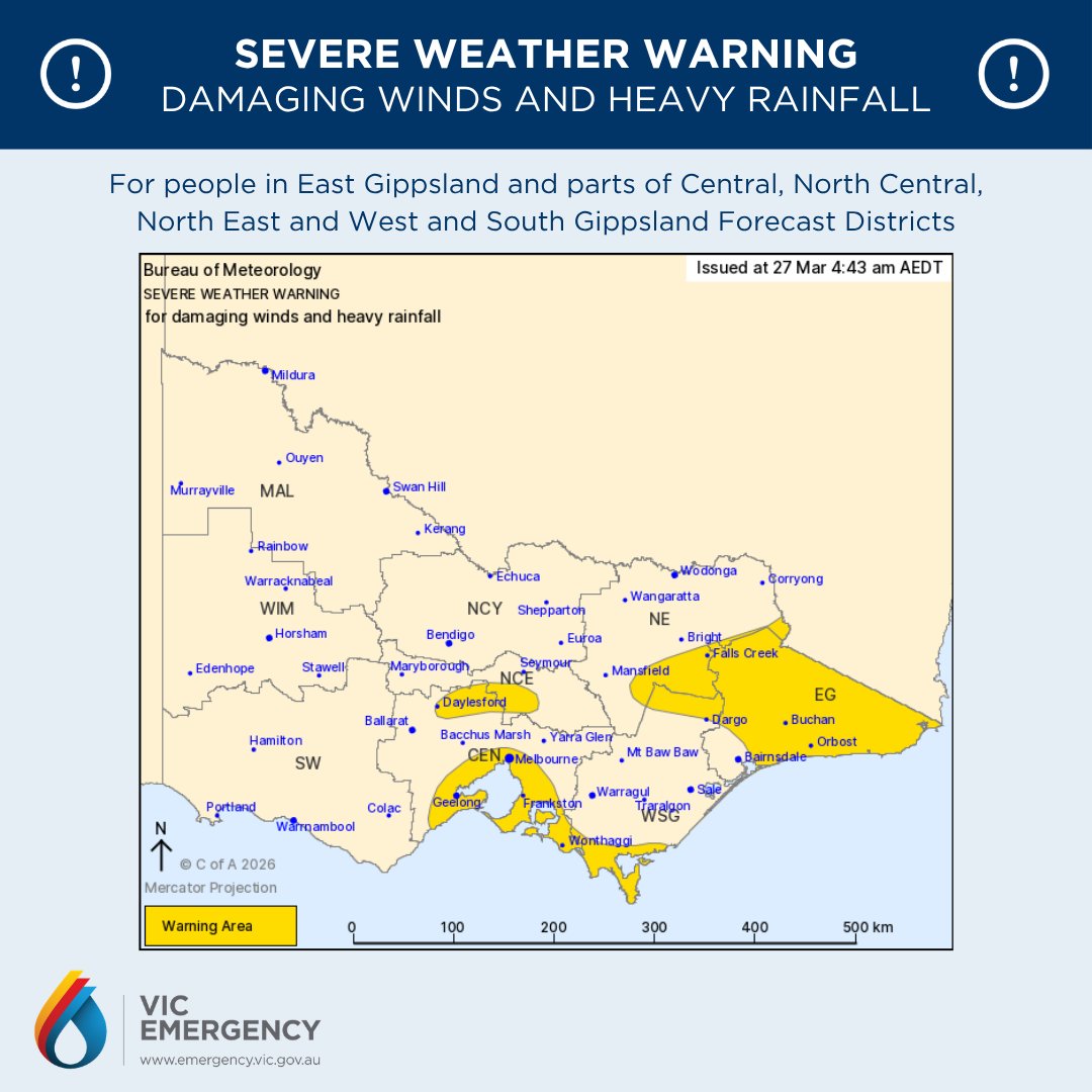 Severe Weather Warning for damaging winds and heavy rainfall.    

For people in East Gippsland and parts of Central, North Central, North East and West and South Gippsland Forecast Districts.  

Stay informed: bom.gov.au/vic/warnings/