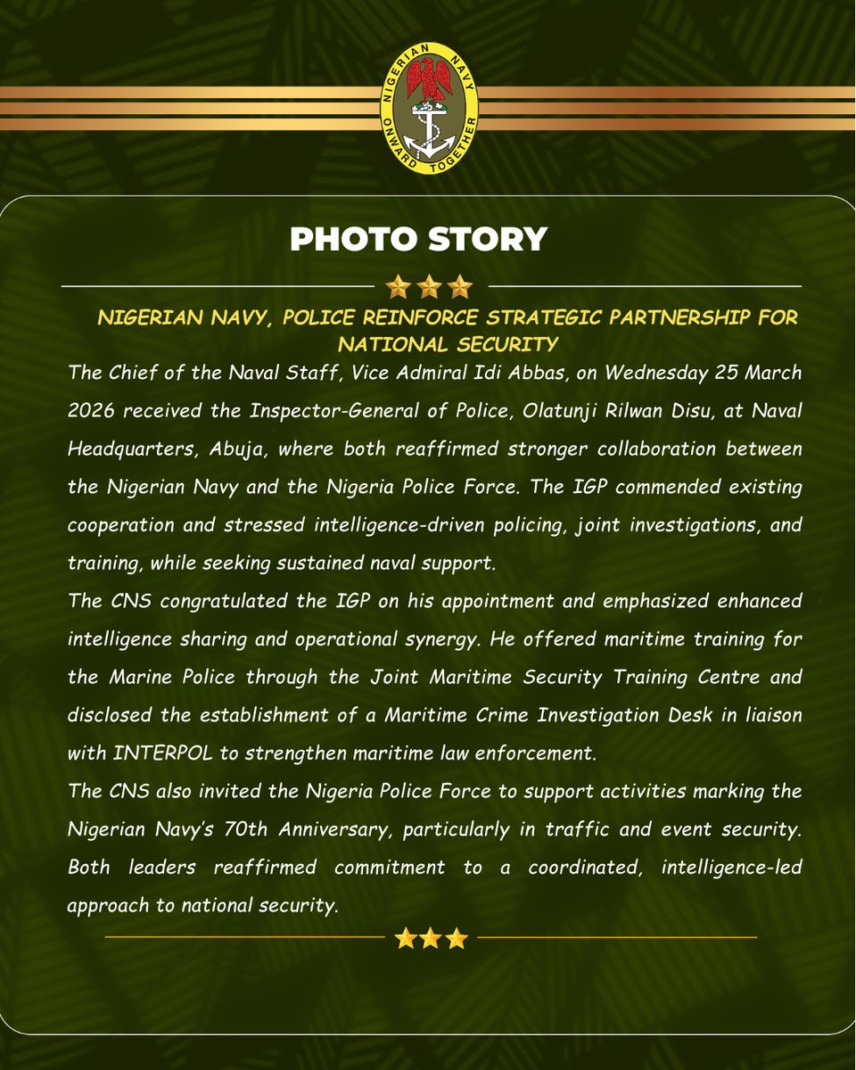 NigerianNavy's tweet photo. NIGERIAN NAVY, POLICE REINFORCE STRATEGIC PARTNERSHIP FOR NATIONAL SECURITY 

@NigerianPolice 

#NigerianNavy
#OnwardTogether
#InteragencySynergy https://t.co/EdZGj9Hg5W