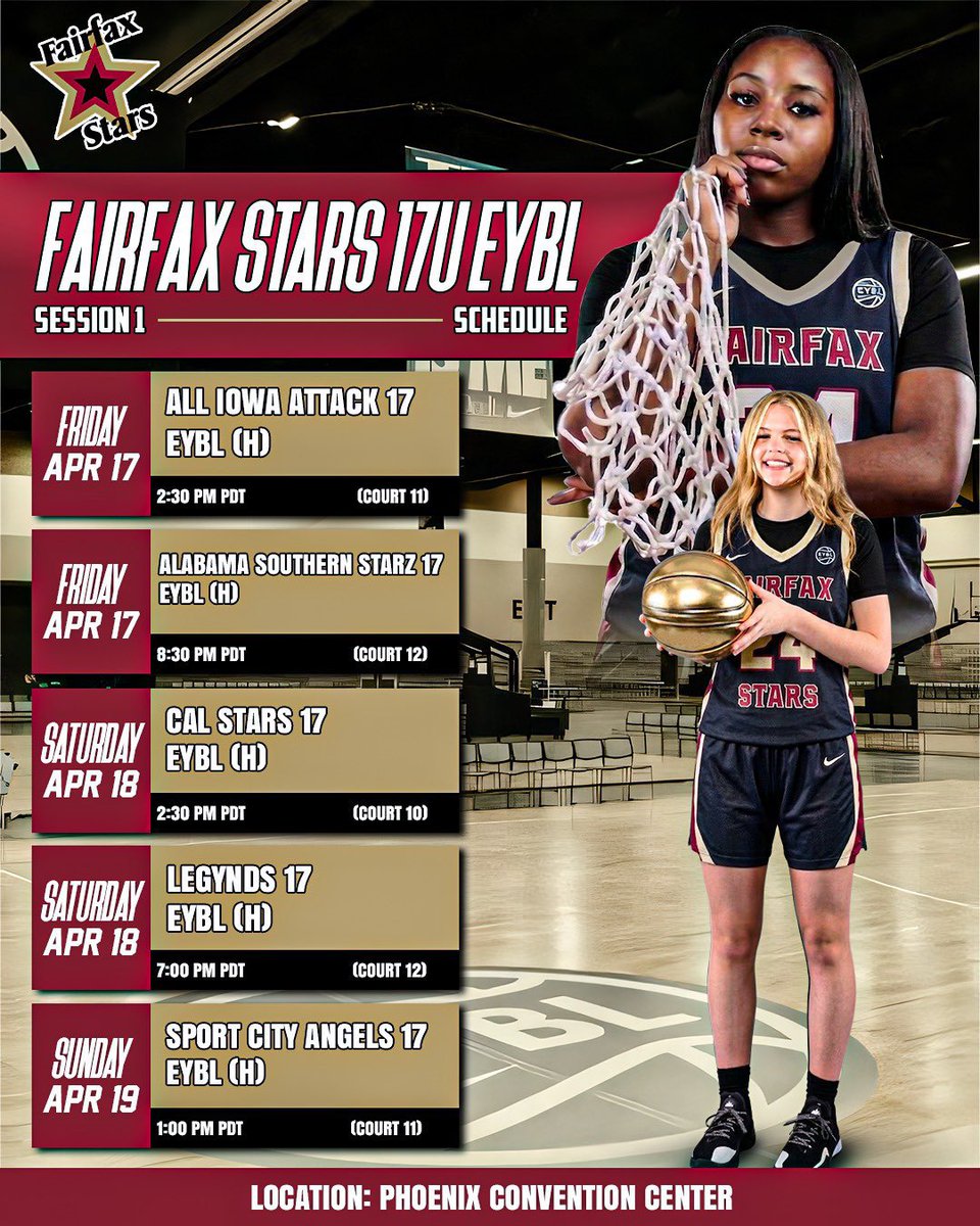 CoachKrystal20's tweet photo. EYBL Session 1 Schedule 🗓️
See you in Phoenix. ✈️
@FairfaxStars 
#WinAsOne #30YearsStrong https://t.co/jCGzEDrd95