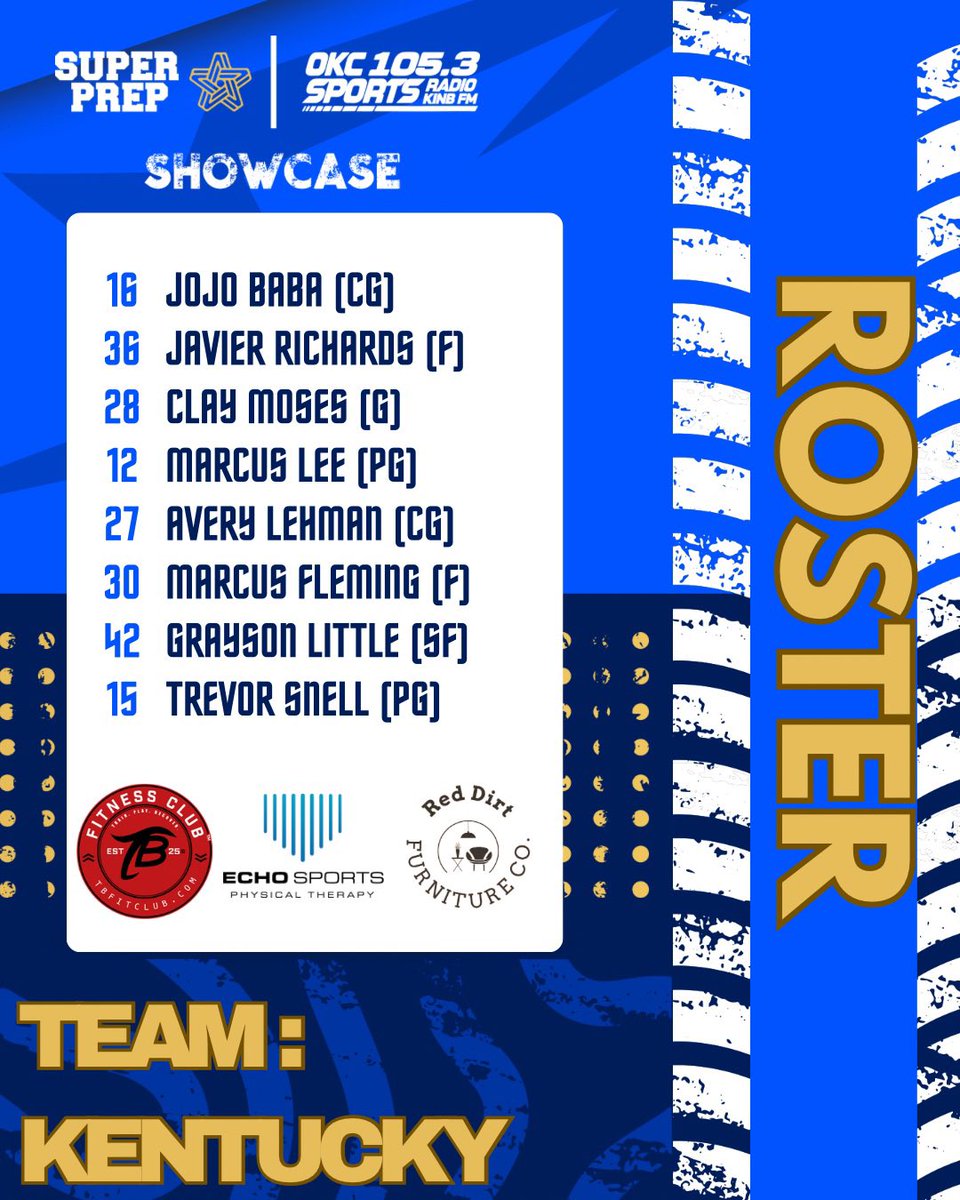 prep_super's tweet photo. Team Kentucky’s Roster

2026 Jo Jo Baba (CG) Edmond Santa Fe 
2027 Javier Richards (F) Millwood 
2027 Marcus Lee (PG) U.S. Grant 
2026 Avery Lehman (CG) Piedmont 
2026 Marcus Fleming (F) Del City 
2027 Grayson Little (SF) Cashion
2027 Trevor Snell (PG) Douglass https://t.co/4DTUZ02ZsI