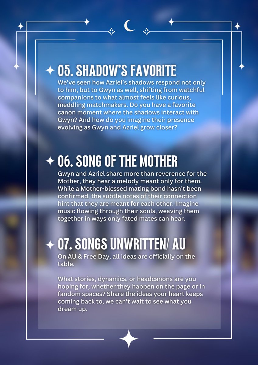💖🎶💖 Gwynriel Weeks 2026 prompts are here! With ACOTAR 6 &amp; 7 on the horizon, we are so excited for what’s to come. Even though we don’t have new content in our hands just yet, we’re still celebrating with 2 weeks of fun, featuring 7 prompts to ✨ spark ✨ your creativity 💖🎶💖