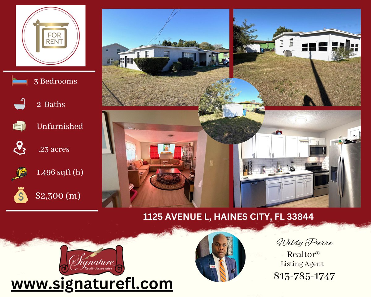 SRAFL's tweet photo. 🏡 FOR RENT
📍 1125 Avenue L, Haines City, FL
📌 MLS #TB8469433

📲 Contact Weldy Pierre 
🌐 https://t.co/V0PWBZfViG
Signature Realty Associates
"In the Neighborhood...At Your Service"
#ForRent #FloridaRental #HainesCity #HomesForRent #RentalProperty
 #SignatureFL #Srafl https://t.co/9kJZP4Cywf