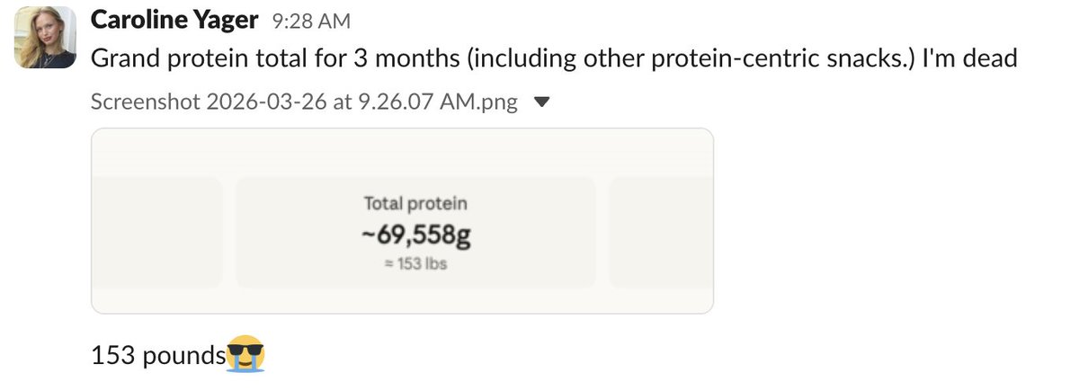 shipping PRs and hitting macros

we're claude-maxxing and protein-maxxing

>69,000 grams of protein consumed at our NYC office this year so far