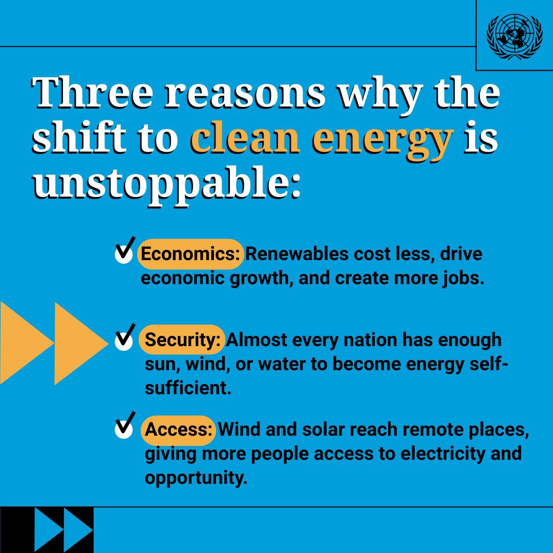 Protecting our planet is in everyone’s interest.

Clean energy creates new jobs, drives prosperity, improves health, and saves lives.

Learn more about how renewables can power a safer, more prosperous future: un.org/en/climatechan…