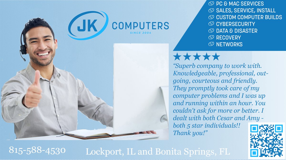 _JKComputers's tweet photo. Computer issues? We’ve got you covered.
 Fast, friendly service—often same day.
💬 “Up and running within an hour.”
📍 Lockport, IL | Bonita Springs, FL
 📞 815-588-4530
Open Mon–Sat — walk-ins welcome.
#ComputerRepair #TechSupport #LockportIL https://t.co/0IO11vmIRr