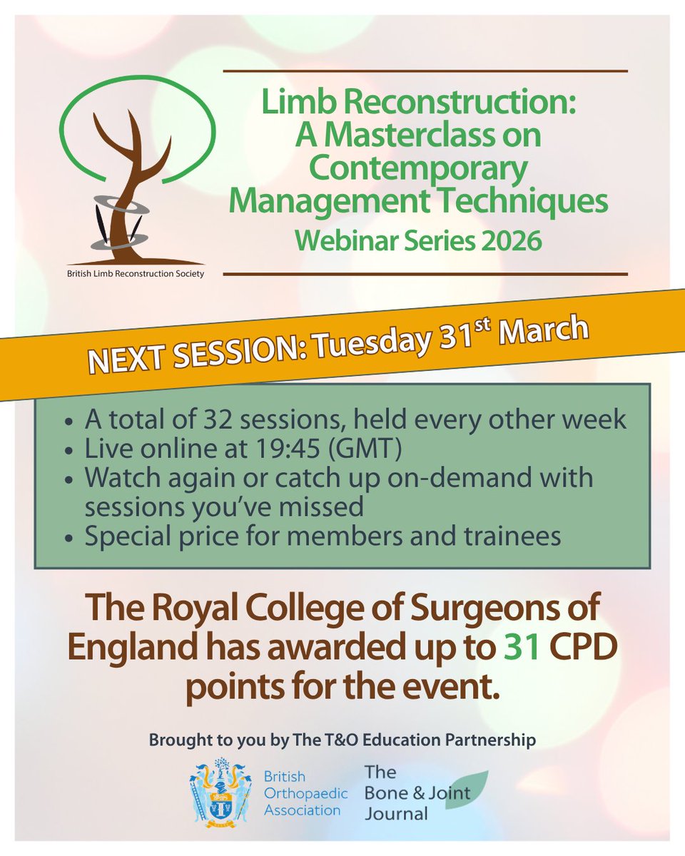 BoneJointJ's tweet image. 🎉 There are still 27 sessions to go in the BLRS Masterclass on Contemporary Management Techniques webinar series!

Sign up today, catch up with the lectures you've missed and join our leading faculty live for the remainder.

#LimbReconstruction #CPD

ow.ly/Zvhb50Yxv6i