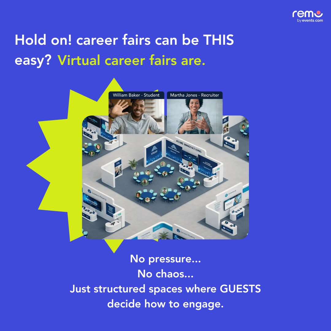 use_remo's tweet image. Not everyone thrives in crowded halls and high-pressure networking.

Virtual career fairs create structure, smaller conversations, and the freedom to engage at your own pace.
 
Curious how they work? 
Read the full guide. Link in comments. 

#VirtualCareerFair #VirtualEvent #Remo