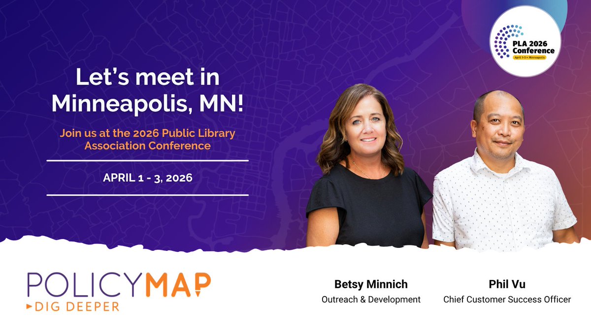 policymap's tweet image. Meet Betsy and Phil at PLA 2026! 

PolicyMap has all the data you need, all in one place. Stop by booth #1241 for a personalized demo! #PLA2026 #DataInsights #LibrariesTransform