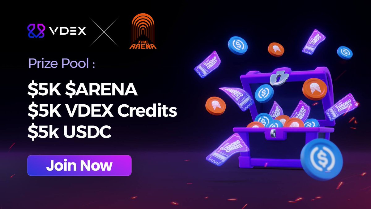 0xVDEX's tweet photo. The Arena x VDEX Trading Competition is LIVE 🏆

$15,000 in prizes through Volume &amp; PnL competitions:
- 14 days
- Two leaderboards
- Everyone has a shot

Find out how to participate below ⬇️ https://t.co/YLz2PYyhBn