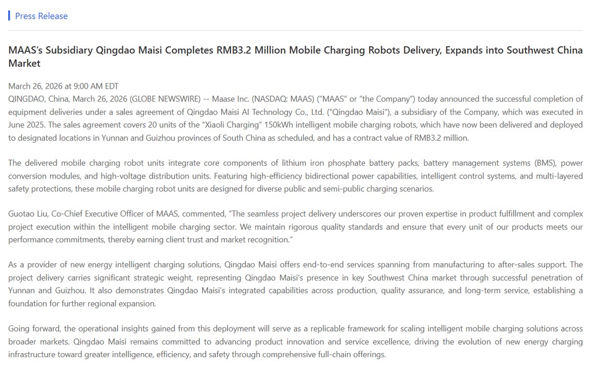 $MAAS delivered 20 mobile charging robots worth RMB3.2M in Southwest China, prioritizing execution over contracts. $NWBO $SPRT $IBRX $SMCI.