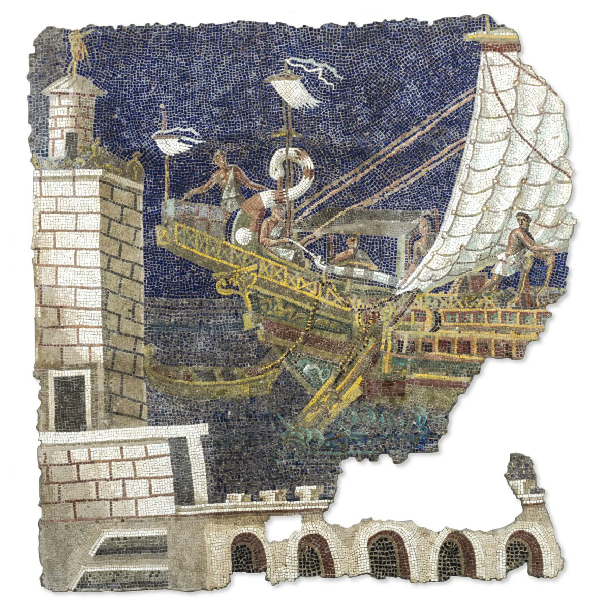 A Roman mosaic depicting the harbor at Alexandria featuring the Great Lighthouse. Capitoline Museum.

εὐδαίμων μὲν ὃς ἐκ θαλάσσας
ἔφυγε χεῖμα, λιμένα δ’ ἔκιχεν·
-
fortunate is he who escaped a storm
on the sea and reached a harbor
Euripides, Bacchae 902-3