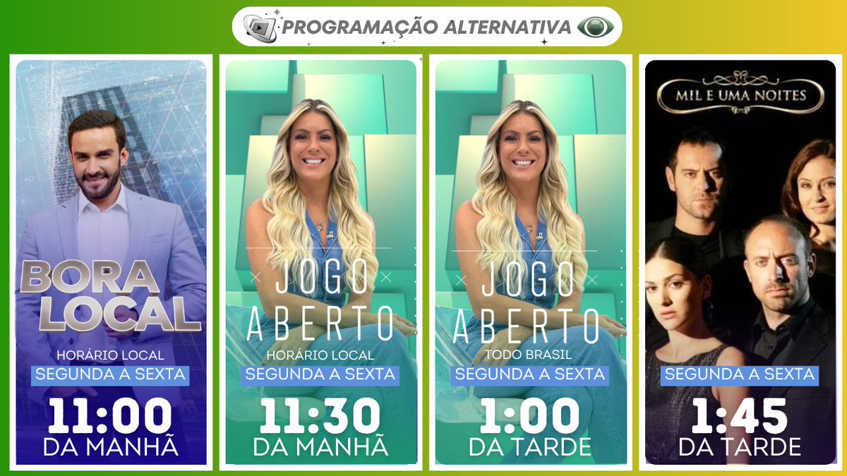 tvpgalternativa's tweet photo. @jucaalvs Mas nesse momento vejo essa possibilidade para band, aliás poderia ser essa a grade
6h #primeirotempo
7h #DiaDia
9h #BomDiaCrhistina
10h15 #BoraBR
11h #BoraSP local
11h30 #JogoAberto local
13h #JogoAbertoDebate
13h45 #Novela
14h35 #MuitoMais
16h15 #BU
19h20 #JB
20h45 #ODDB
Segue https://t.co/bXz0j4laI7