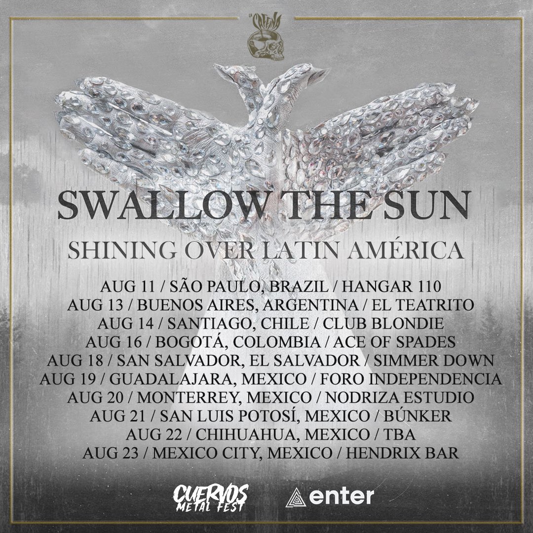 summainferno's tweet photo. La banda finlandesa de doom metal Swallow the Sun confirma su esperado regreso a Latinoamérica con la gira “Shining Over Latin America Tour 2026”
🎟️ En México, los boletos estarán disponibles a partir del lunes 30 de marzo a través de Enterlive.
#SwallowTheSun #DoomMetal https://t.co/LAN0V2fJNU