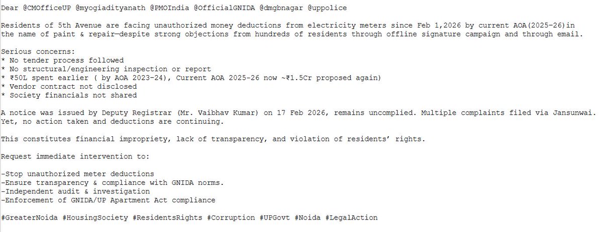 Res_Voice_GC5's tweet photo. Request immediate intervention to:
-Independent audit &amp; investigation
-Enforcement of GNIDA/UP Apartment Act compliance.
#GreaterNoida #HousingSociety #ResidentsRights #Corruption #UPGovt #Noida #LegalAction https://t.co/HWN6aGUTHX