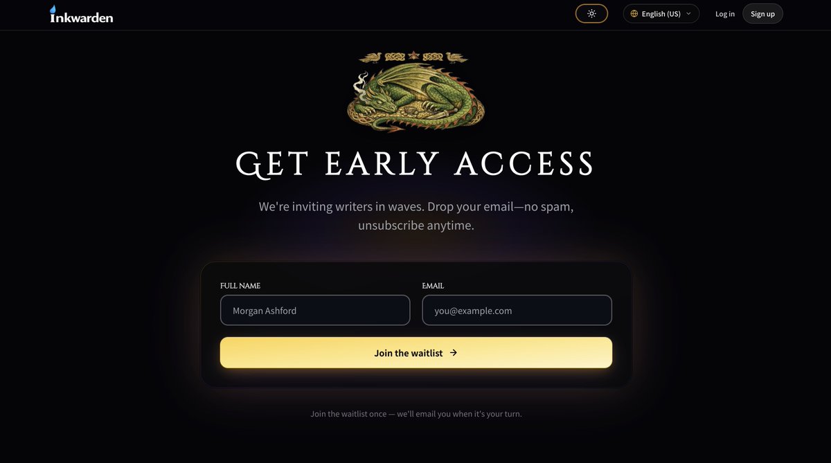 Day 2 out of 100 working on inkwarden.app

👉 Road to $10k MRR.

Really working hard getting this MVP out. The core happy paths of having a good looking home page and a stable waitlist feature (people sign up by email) was super important to get right. Helps with