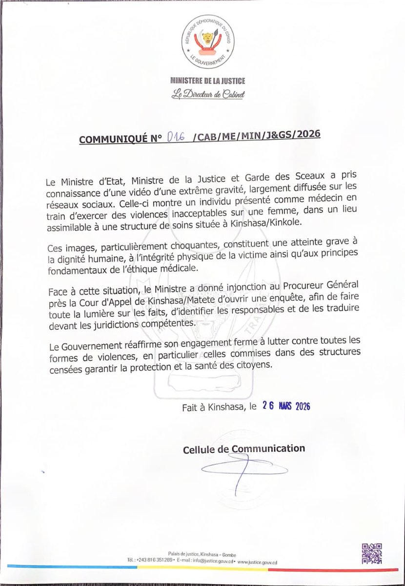 #RDC | Affaire #Kinkole : Le Ministère de la Justice saisit le PG près la Cour d’Appel de Kinshasa/Matete.
​Objectif : Identifier et traduire en justice les responsables de violences dans une structure de soins.
​L'enquête est ouverte. Justice doit être faite
