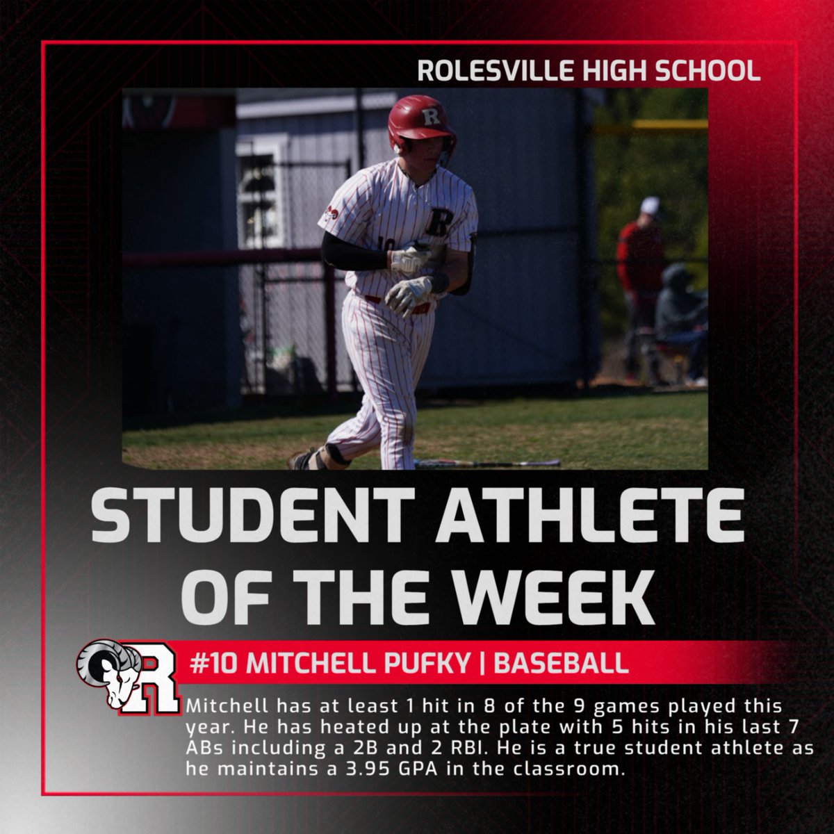 RolesvilleAD's tweet image. Congratulations to our Student Athlete of the Week!
-Mitchell Pufky (Junior | Baseball)

#RamNation