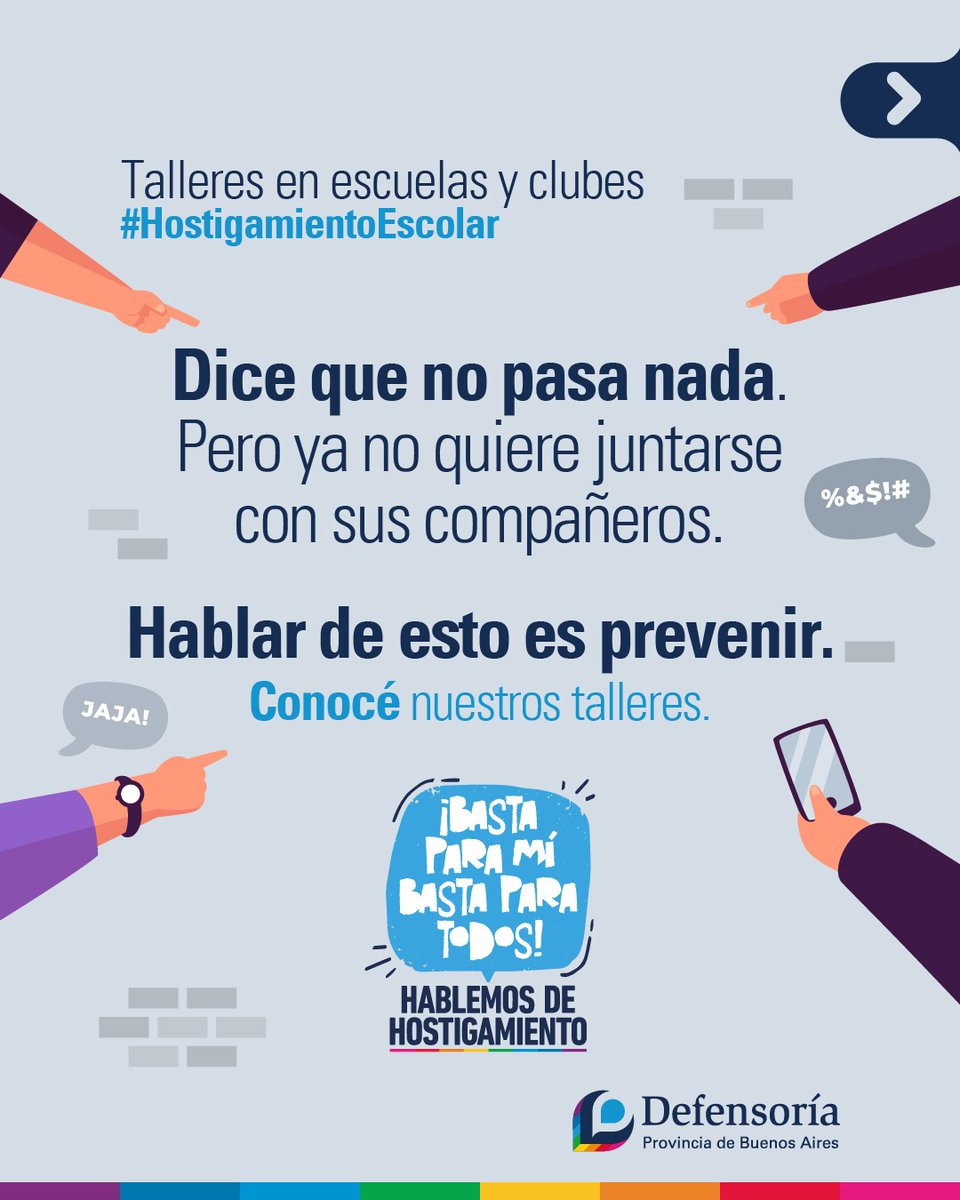 defensoriaPBA's tweet photo. QUE EL SILENCIO NO SEA LA RESPUESTA

📩 Si sos parte de una comunidad educativa o deportiva y querés que visitemos tu espacio con nuestros talleres, podés solicitarlos ahora mismo.

🤝 La prevención se construye trabajando juntos.

#HostigamientoEscolar #TalleresPBA https://t.co/Hodv6LVFyt