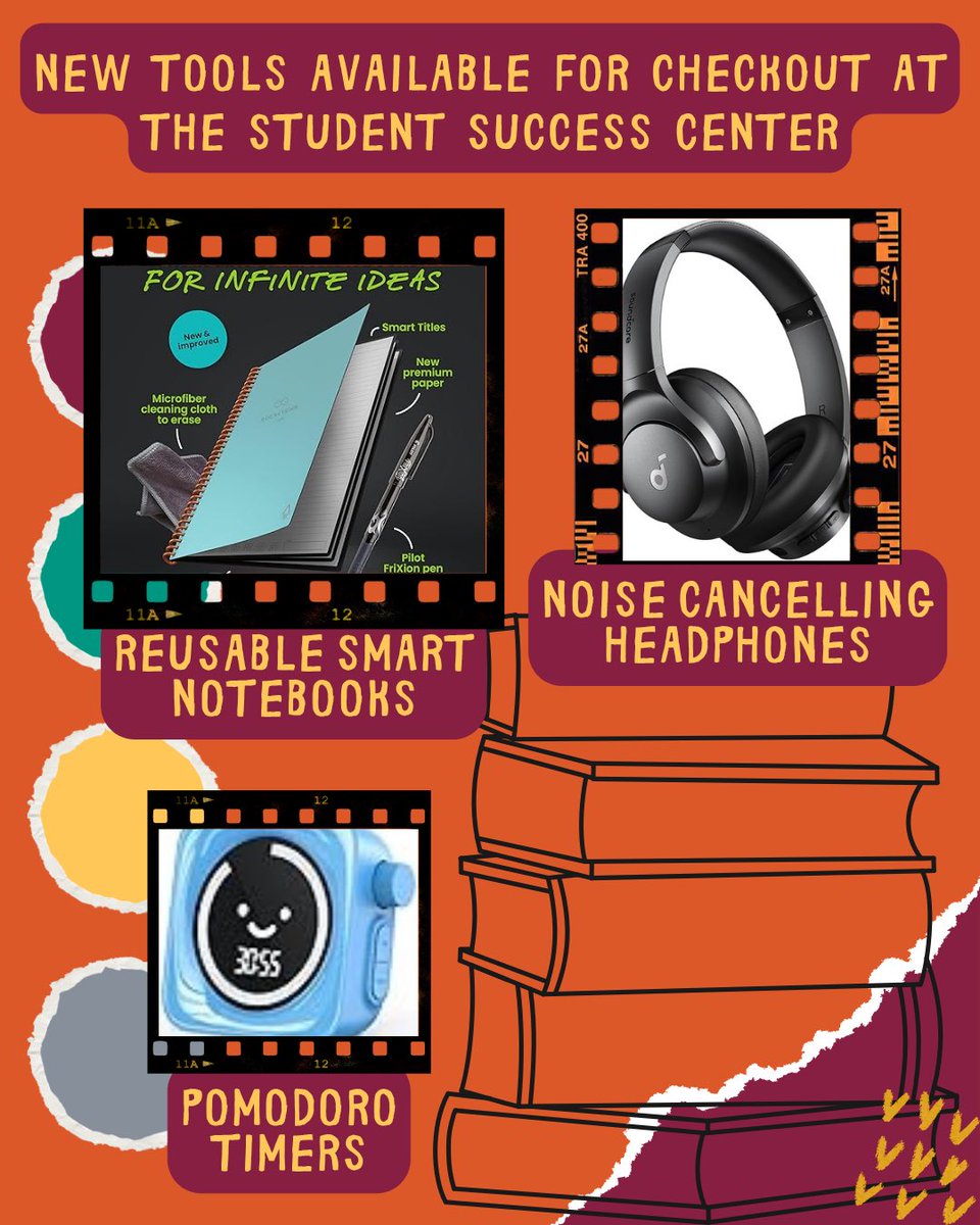 NEW TOOLS FOR SUCCESS ✨🛠️

Come by the SSC to checkout some of our new tools! We now have reusable smart notebooks, noise cancelling headphones, pomodoro timers, and more 🙌🏼