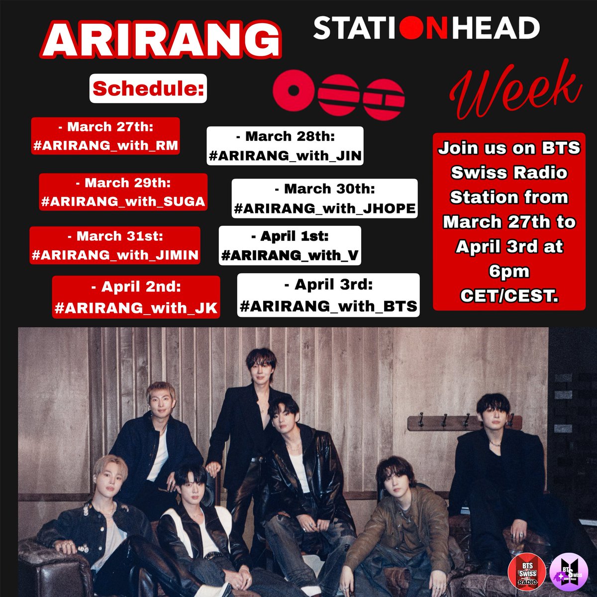 bts_swiss_army's tweet photo. 📢[#ARIRANG STREAMING WEEK]📢

ARMY! Join us for our #BTS_ARIRANG Streaming Week on @STATIONHEAD starting from tomorrow, Friday!💜
We might have the one or other other base join in as guest hosts!😁

📆: March 27th - April 3rd, 2026
⏰: 6pm CET/CEST
📻: BTS Swiss Radio (https://t.co/zS4ATzx4JY)