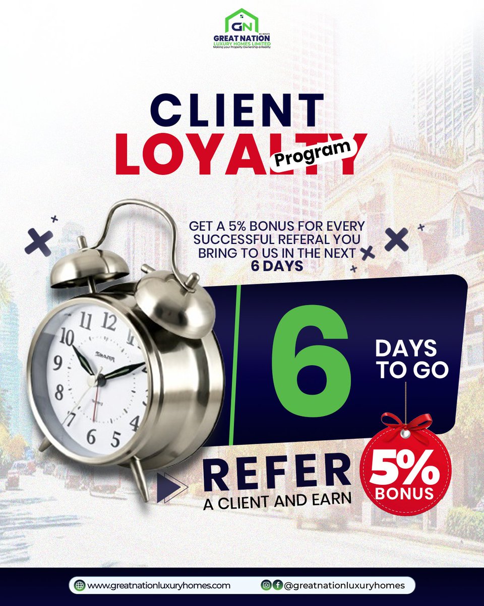 GreatH40923's tweet image. Only 6 days left to earn more while helping others own property! ⏳🏡

Refer a client today and enjoy a 5% bonus on every successful deal. Don’t miss this opportunity to turn your network into income.

Start referring now, time is ticking! 💼✨

#ClientLoyalty #ReferralBonus #fyp