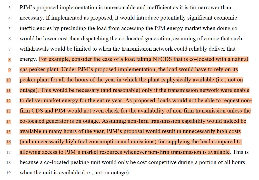 aniruddh_mohan's tweet photo. PJM has proposed a bunch of new rules to enable co-location of large loads like data centers with generation.

These are an important start, but in an affidavit to FERC yesterday with @AndrewLevitt7,  we identified enhancements to fully achieve FERC/Admin priorities on large loads. I'm an engineer not a lawyer so sticking to the details in planning, where rubber meets the road.

1- PJM is offering co-located non-firm load access to the grid only when co-located gen is on outage. Limiting access to the grid only in outage periods is inefficient: it would push load to only co-locate with baseload resources and precludes peakers/storage, as those would be more expensive than energy in the PJM market in most hours. It is not technology neutral.
Instead: allow non-firm load customers to request non-firm grid reservation in all hours. PJM would still have the right to a) deny a contract during the study phase if even non-firm load cannot be served reliably b) deny reservations based on operational evaluations ahead of time AND c) curtail the load in real time if necessary. There is no adverse impact on reliability from extending the reservation eligibility to all hours but there is a significant benefit in terms of lower costs.

2- PJM's proposal to curtail non-firm load all the way to gross zero results in unnecessary curtailment. PJM should distinguish between curtailments for resource adequacy (RA) and curtailments for Tx security. Curtailment for Tx security should be tied to NET withdrawals from the grid from the load and its co-located generator, not gross load. That would mean 'do-no-harm'.
For RA, it depends. We agree with PJM that if generation has an existing capacity market obligation, it cannot provide RA to the non-capacity backed load so curtailment of gross load makes sense. But PJM should clarify that generation dedicated to the co-located load without a capacity market obligation can serve the load during RA events, so PJM curtailment should be limited to NET withdrawals from the grid.

3- PJM should provide more clarity on interconnection studies for co-located load and supply. What is important: load and generation should be studied independently but in the presence of each other, non-firm load should be studied as dispatchable and incorporated into SCED, and storage + non-firm load should be allowed to nominate joint withdrawal limits to enable maximum contractual and operational flexibility.

We also suggest more reasonable penalties for failure to curtail and implementation of these new co-location options on a faster timeline than June 2029.