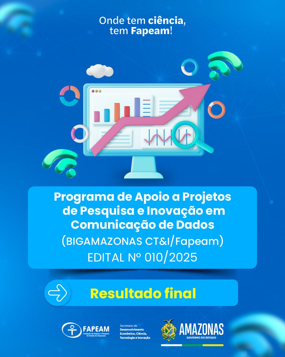 📚 O Governo do Amazonas, por meio da Fapeam, divulgou, nesta quinta-feira (26/3), o resultado final da seleção de projetos no âmbito do Programa de Apoio à Projetos de Pesquisa e Inovação em Comunicação de Dados (BigAmazonas CT&amp;I/Fapeam), edital nº 010/2025.