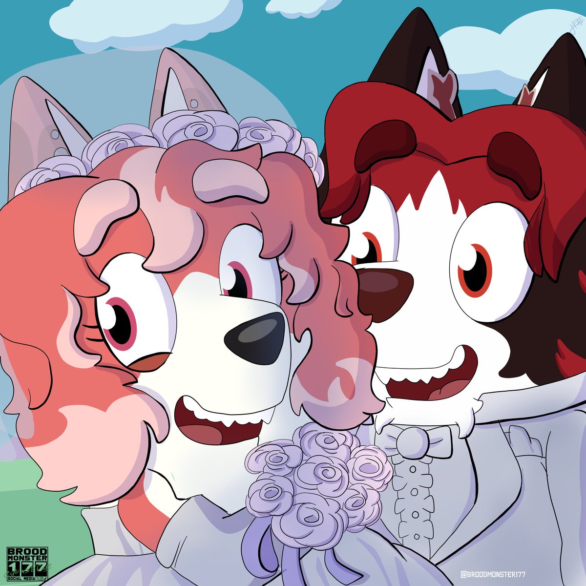A wedding photo of a married couple.

Sugar Kath and Cains wedding

Art trade for sr.cains on instagram

#blueyart  #bluey