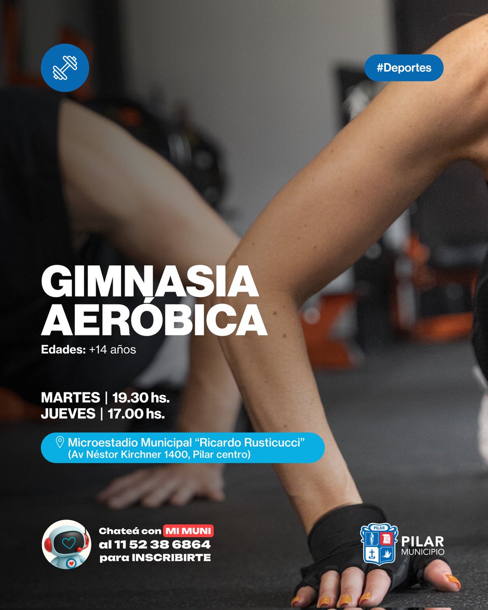 🤸¡NUEVA ACTIVIDAD EN EL MICROESTADIO MUNICIPAL! 

¡Sumate a las clases de Gimnasia Aeróbica con la profe Gise Vallejos! 

📆 Martes 19.30 hs y Jueves 17 hs (mayores de 14 años) 
📍Microestadio Municipal
(Néstor Kirchner 100, Pilar Centro)

¡Te esperamos! 💪🎶
.
#DeportesPilar