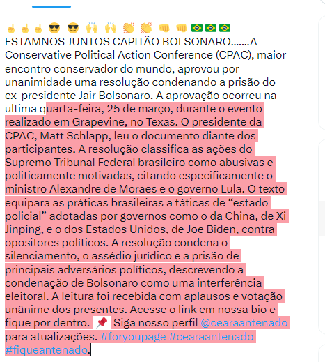 jrpjoseren8471's tweet image. ☝☝☝😎😎🙌🙌👏👏👊👊🇧🇷🇧🇷🇧🇷  ESTAMNOS JUNTOS CAPITÃO BOLSONARO.......A Conservative Political Action Conference (CPAC), maior encontro conservador do mundo, aprovou por unanimidade uma resolução condenando a prisão do ex-presidente Jair Bolsonaro. A aprovação ocorreu na ultima q