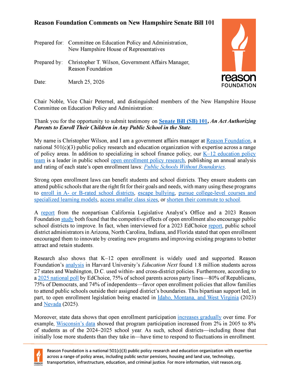 ChrsWlsn's tweet photo. Yesterday, I testified on New Hampshire Senate Bill 101, which would improve the state's open enrollment policies by 37 points on @ReasonFdn's Public Schools Without Boundaries 100-point best practices criteria, boosting the state's score to an 82 (a “B-”).

This would make NH's public school transfer law the 12th best in the nation—and the best in the Northeast.

Check out my testimony to the New Hampshire House Committee on Education Policy and Administration here: https://t.co/iJC0aw574y