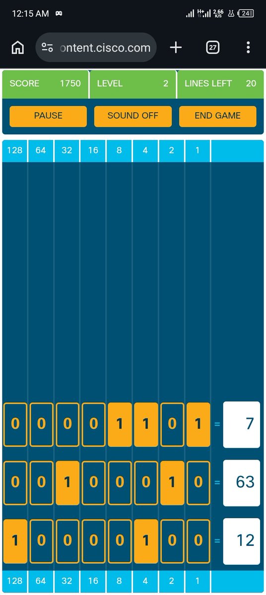 Day 3
Learnt about Binary number system and their representation in IP Address.
Learnt conversion of decimal to binary and vice versa same with hexadecimal.
Also play the Cisco🎮 binary game for better understanding.
<a href="/CiscoNetAcad/">Networking Academy</a> <a href="/bash_voice/">Salati Salis Luqman</a> <a href="/THE_CYBRARIANS/">THE CYBRARIANS</a> #the_cybrarians