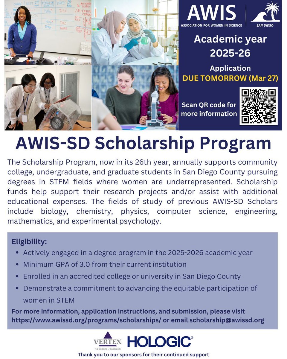 AWISsd's tweet photo. AWIS-San Diego Scholarship Program 2025-2026 is now open! 

All application materials must be submitted by *Friday March 27th, 2026*

Scholarship Eligibility, Instructions, and Details can be found at https://t.co/Na9bsWepzm https://t.co/qnRk0uvVcf