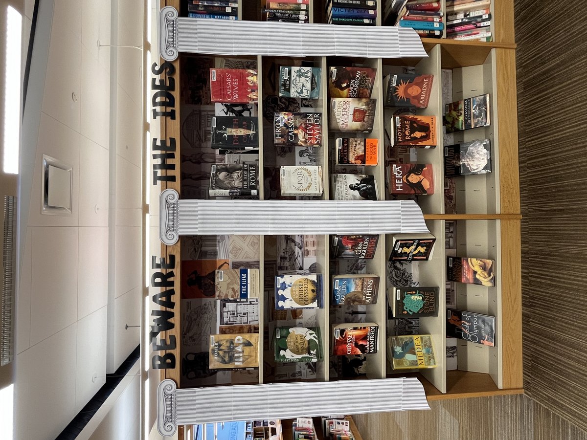 CanmoreLibrary's tweet photo. Beware the Ides! 🏛️

March 15 (Ides of March) marks the assassination of Julius Caesar in 44 BCE.

Explore our special Ides of March display of Roman &amp; Greek history and mythology—stories of power, betrayal, and legend. 📚

#canmorepubliclibrary #idesofmarch #librarydisplay https://t.co/2EsgKoNXxc