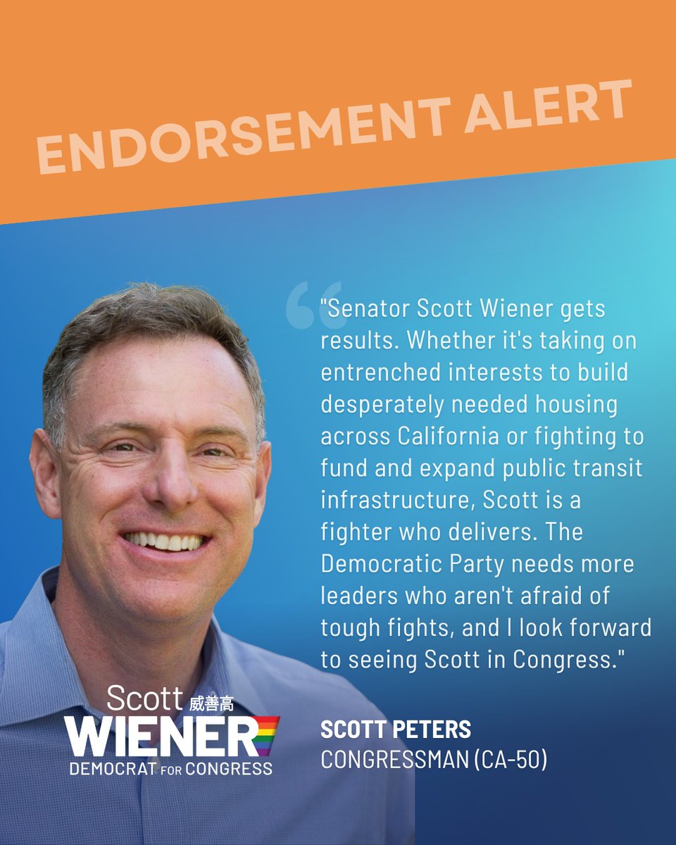 Scott_Wiener's tweet image. Grateful to have Congresswoman Laura Friedman, Congressman Scott Peters, and the California State Association of Letter Carriers join our campaign for Congress!

From building more housing to standing up for our rights, we’re building a broad coalition to deliver results for