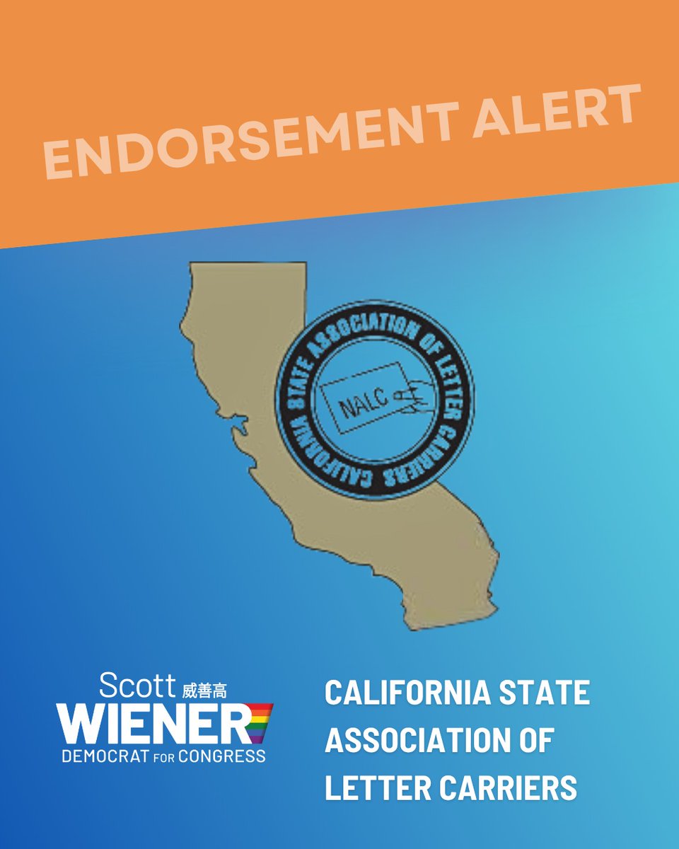 Scott_Wiener's tweet image. Grateful to have Congresswoman Laura Friedman, Congressman Scott Peters, and the California State Association of Letter Carriers join our campaign for Congress!

From building more housing to standing up for our rights, we’re building a broad coalition to deliver results for
