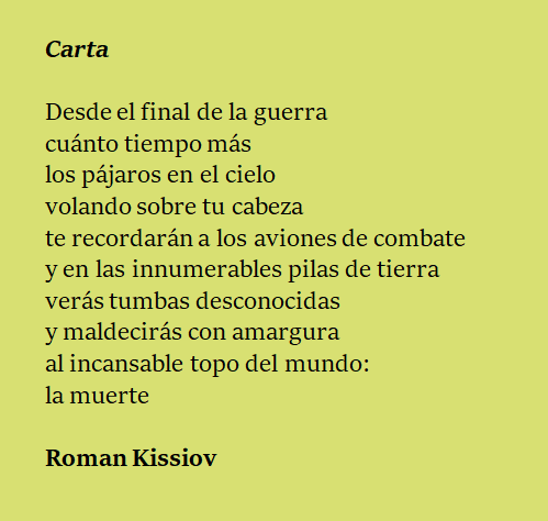 Nefelopode's tweet photo. #PalabrasContraLaGuerra
"Carta", Román Kissiov
📗 https://t.co/XQOw5HIrbA  @tortugabulgara https://t.co/Oikg8HZIgu