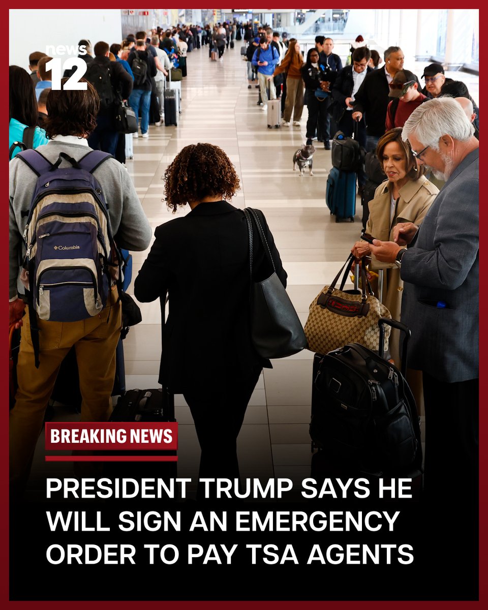 News12's tweet image. BREAKING NEWS: President Trump says he will sign an emergency order to pay TSA agents as Congress struggles to reach funding deal.

#News12 #PresidentTrump #BreakingNews #TSA #GovernmentShutdown

Read more: tinyurl.com/4xppfcde