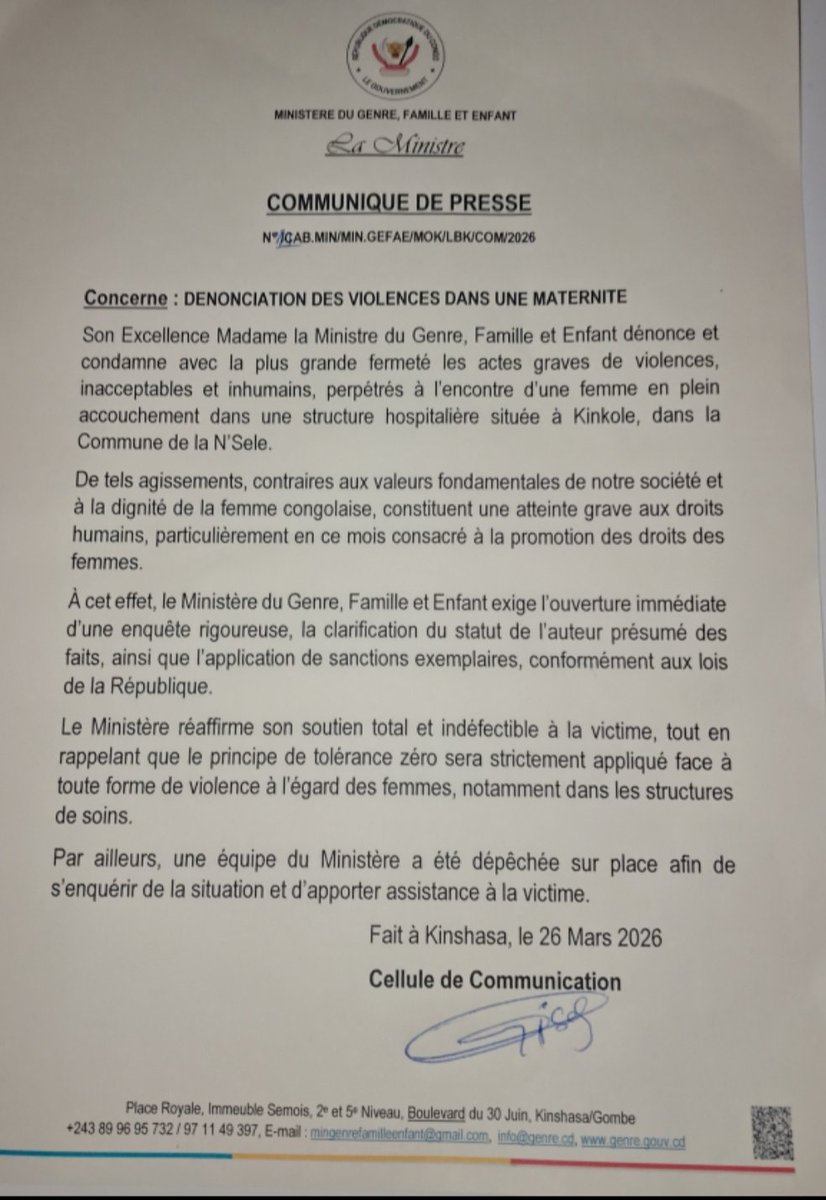 GenreRDC's tweet photo. #COMMUNIQUÉ 
Violences obstétricales à l'HG de Kinkole : La ministre du Genre appelle à des sanctions exemplaires et assure la prise en charge de la victime https://t.co/BLdY1g91DO