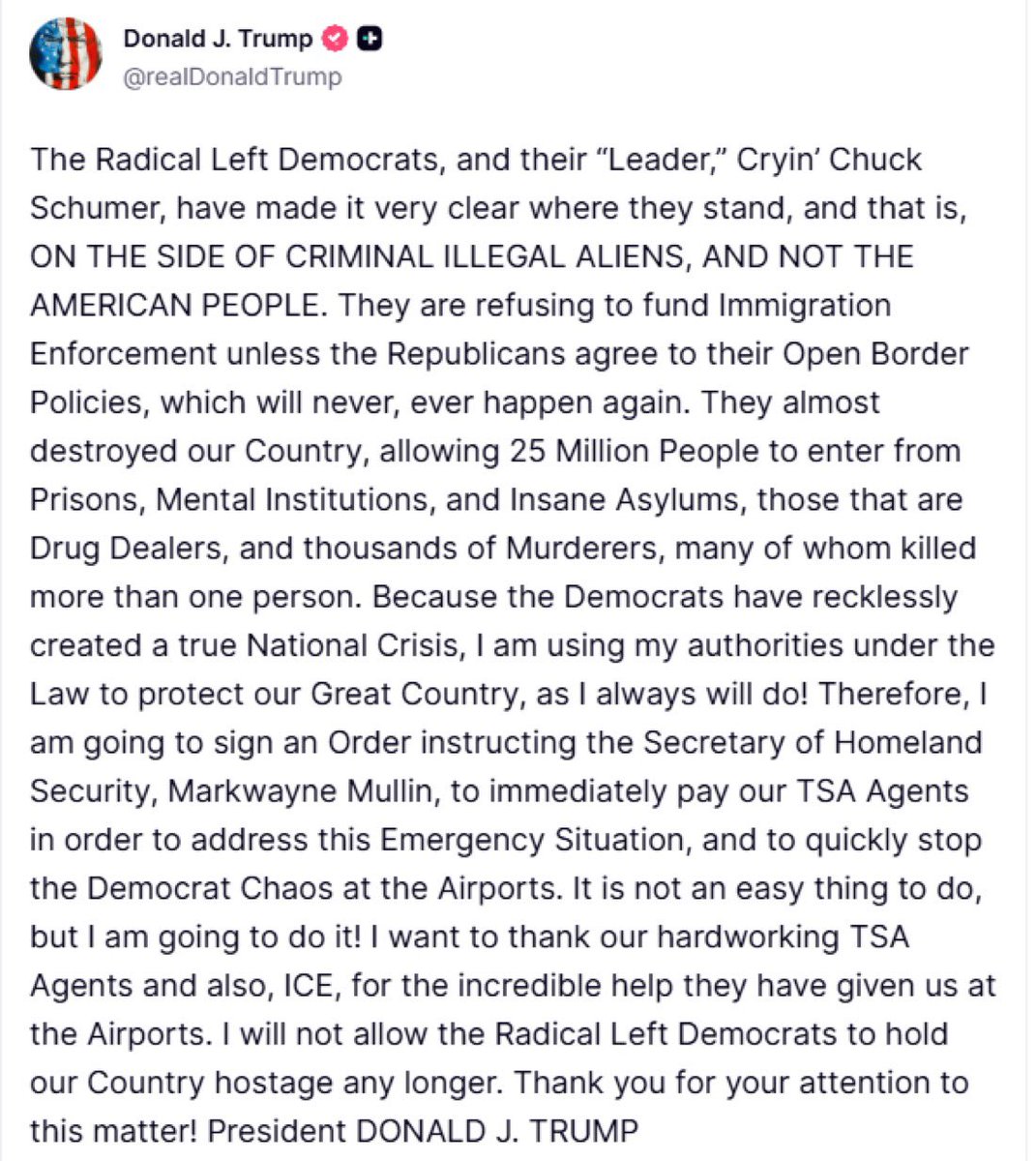 SusanLiTV's tweet image. President Trump said he would sign an order to pay TSA officers in a bid to alleviate disruptions at US airports 👇

Unclear what legal authority he has to circumvent Congress, which broadly controls federal spending, to pay TSA workers

#TSA #travels #airport