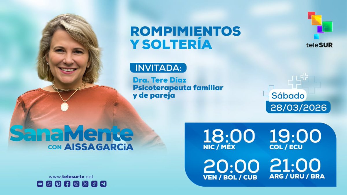 💔❤️‍🩹¿Amar conlleva a sacrificar tus proyectos? ¿Si la relación termina es porque nunca hubo amor?

Nos vemos este sábado en #SanaMente con <a href="/AissateleSUR/">Aissa García García</a>, para escuchar los consejos de la Psicoterapeuta <a href="/tedisen/">Tere Díaz Sendra</a>. 

Ubica el horario de tu región y sigue la señal de <a href="/teleSURtv/">teleSUR TV</a>
