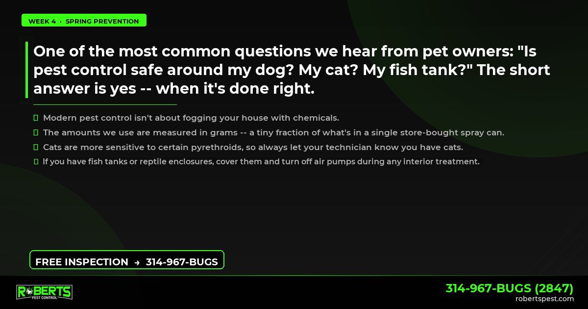 Robertspest's tweet image. One of the most common questions we hear from pet owners: "Is pest control safe around my dog? My cat? My fish tank?" The short answer is yes when it's done right.

314-967-BUGS | robertspest.com
#PetSafePestControl #PestPrevention #BUGSSTL #RobertsPestControl