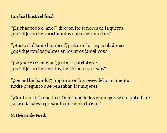 Nefelopode's tweet photo. #PalabrasContraLaGuerra
"Luchad hasta el final", S. Gertrude Ford
📗 "Nada tan amargo" https://t.co/368pEzcYsW @Eldesvelo @AlmuzaraLibros https://t.co/FnCtsqv3kD