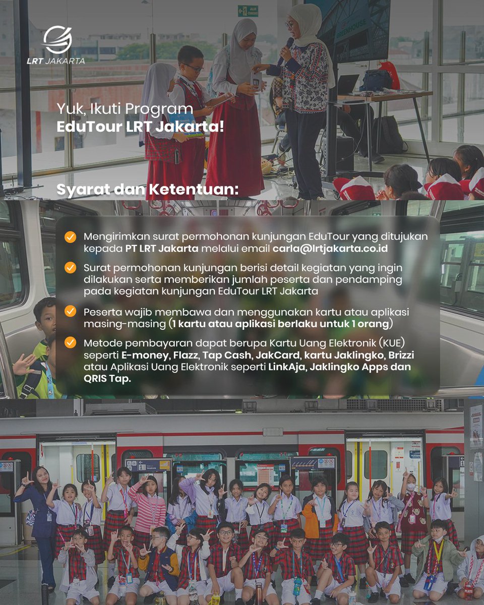 lrtjkt's tweet image. Belajar transportasi publik bisa dimulai sejak dini! 🚆

Yuk, daftarkan sekolahmu dan dapatkan pengalaman belajar menyenangkan sekaligus keliling LRT Jakarta! 

#NaikLRTJ #LRTJ #DKIJakarta