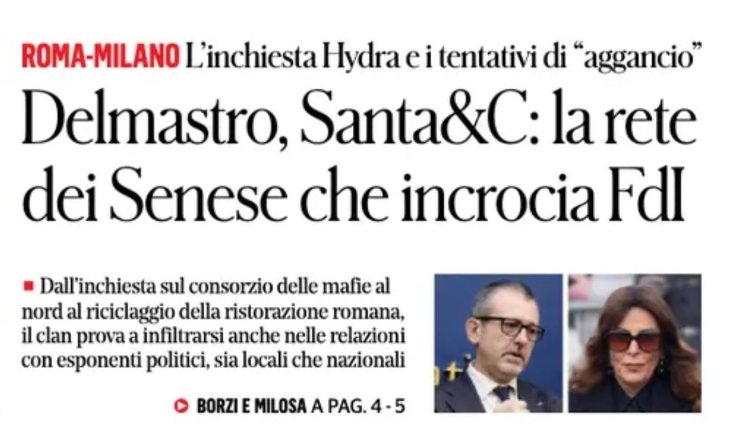 Virus1979C's tweet image. La rete dei #Senese e gl i incroci con #Fdi.
Inchiesta “Hydra” #Milano. Nelle carte del “Consorzio”i contatti per aprire una sede del partito e gli incontri con le onorevoli Frassinetti e Bucalo. (FQ) #27marzo