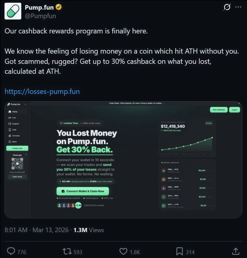 iBenWills's tweet photo. Losing money on memecoins just got a temporary refund option.

https://t.co/XWSD423JYt Cashback Program gives you up to 30% back from your personal token ATH after scams or losses.

🔗 https://t.co/U2AJoHu3SD

 #tokenlaunch #TradingSignals $ETH https://t.co/wzcYpmMzIo