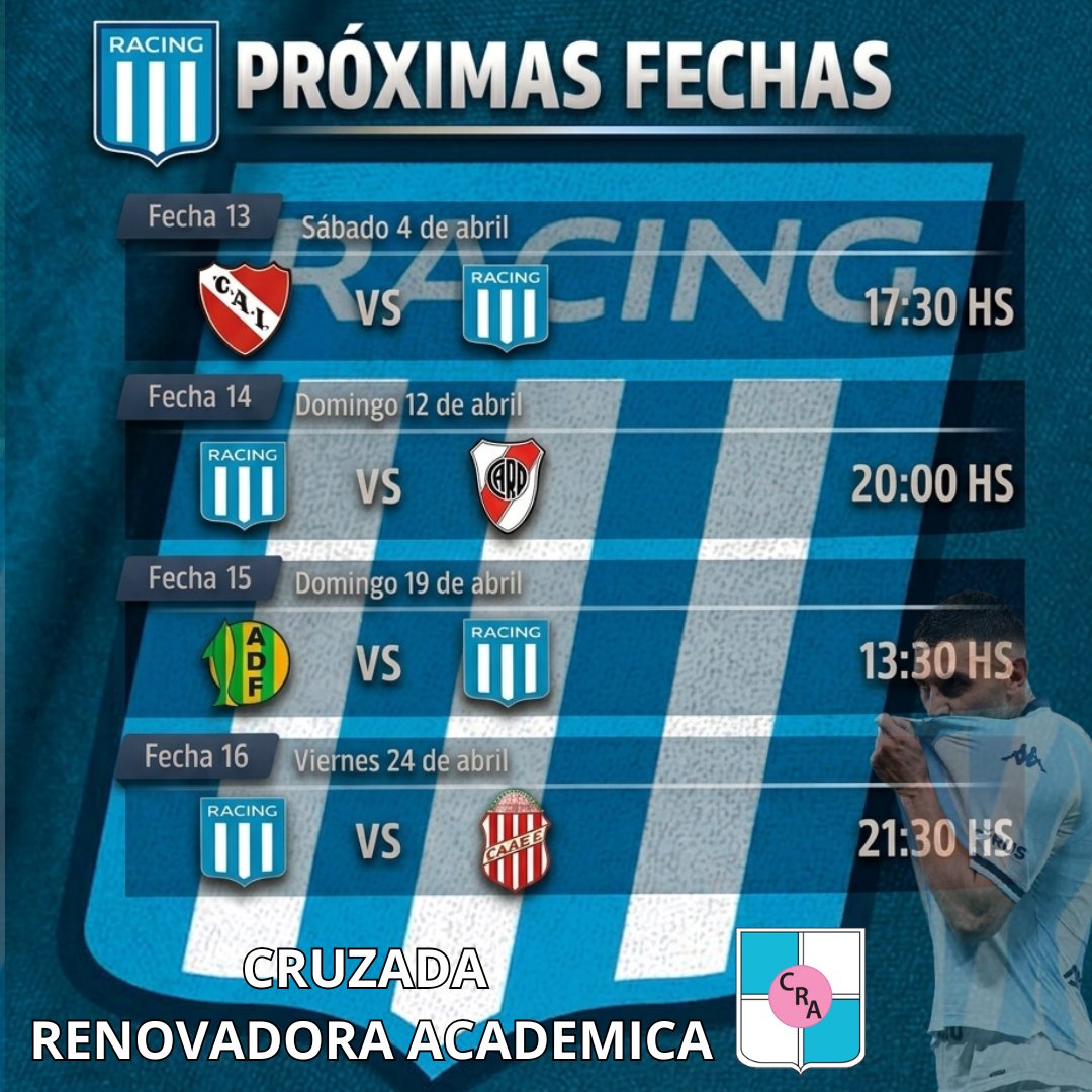 CRARacingClub's tweet photo. Próximas fechas de #Racing en el Apertura ⚽
#RacingClub #LaAcademia #TorneoApertura #Fixture #VamosRacing #RacingPositivo #FútbolArgentino #DaleRacing #ElPrimerGrande #TODOSJUNTOS #ClasicoDeAvellaneda #Independiente #RiverPlate #Aldosivi #BarracasCentral https://t.co/A0s1s5VY9a